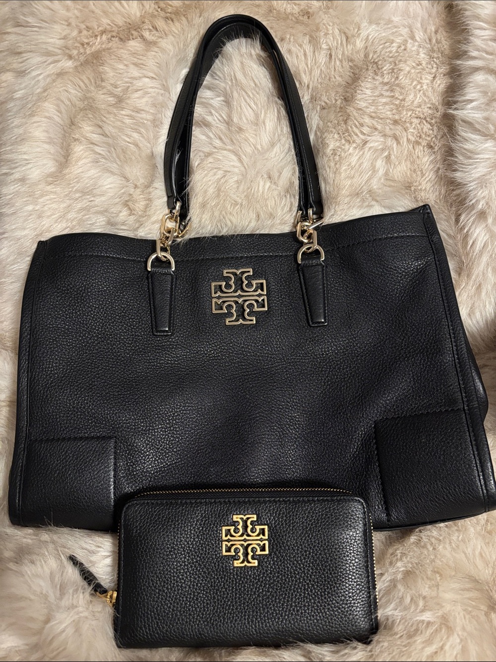 Tory Burch Black Pebbled Leather Tote with Gold Hardware and Matching Wallet